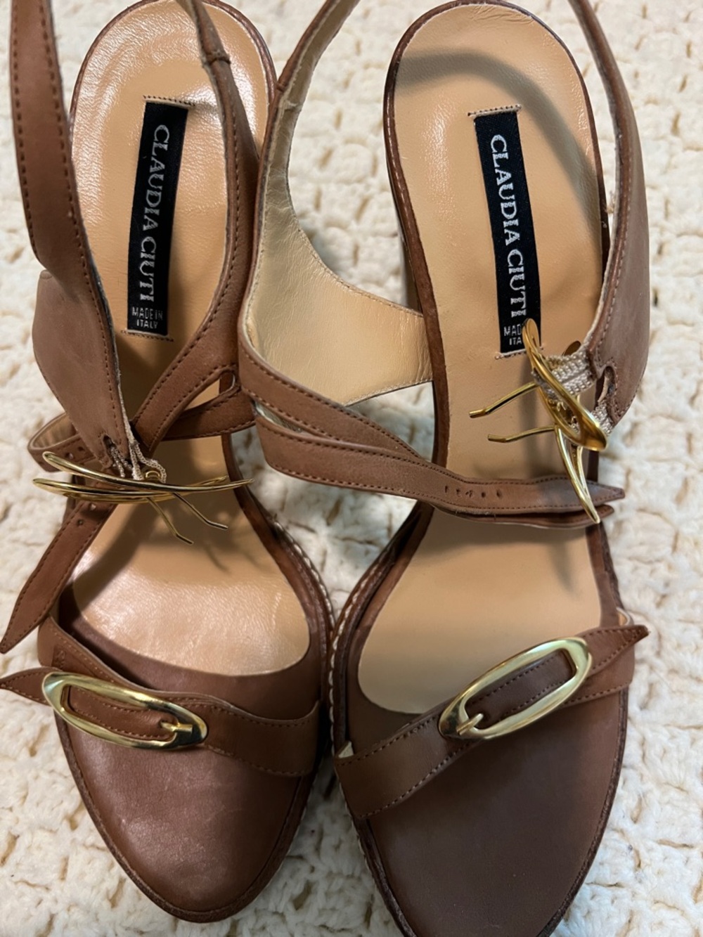 Claudia Ciuti Brown Leather Slingback Heels with Gold Buckle Detail